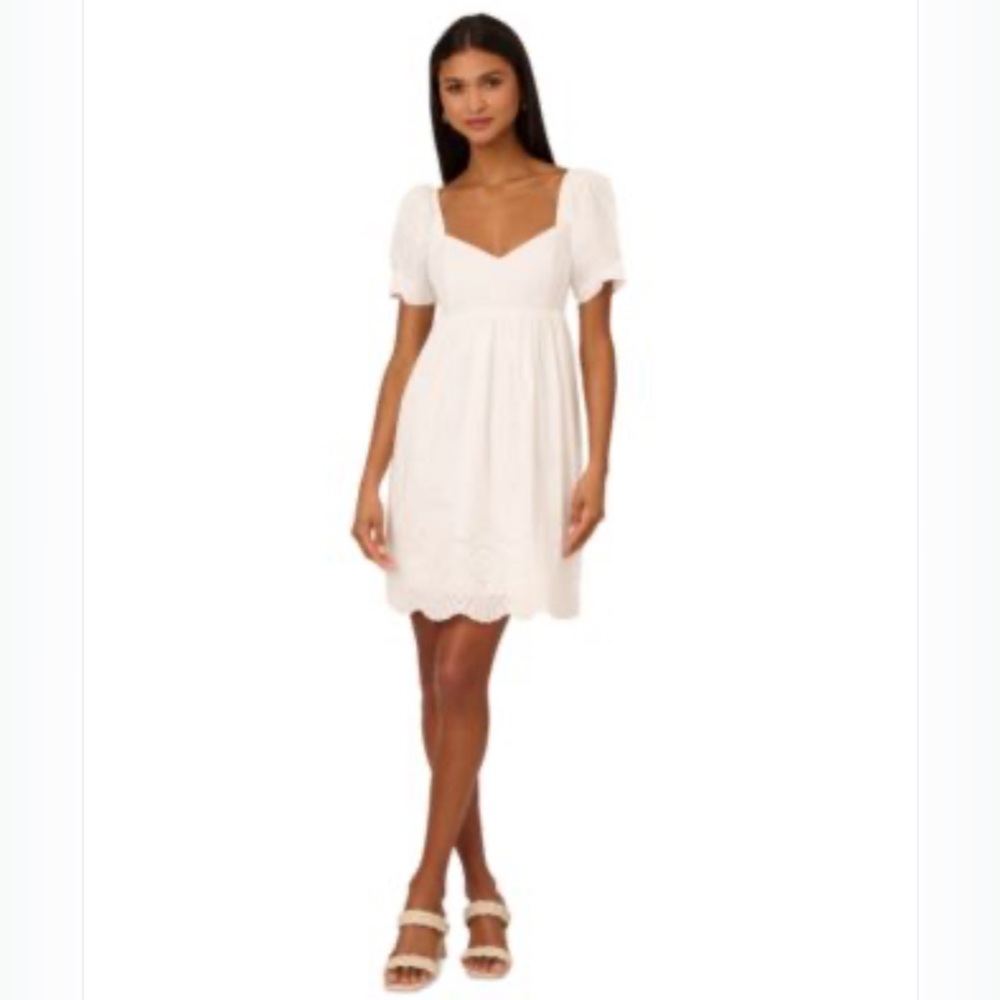 Adrianna Papell White Eyelet Puff Sleeve Dress – Size 8